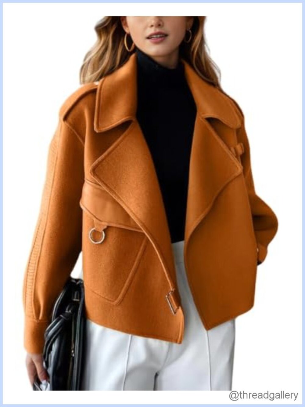 Wool Blend Cropped Coat Open Front Business Casual Loose Fit